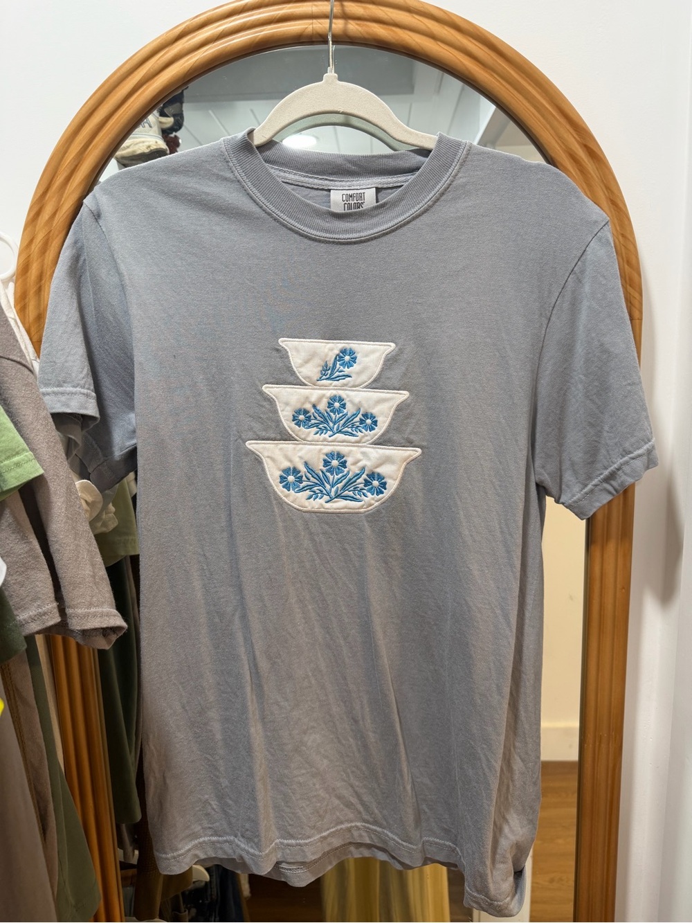 Comfort Colors Gray Crewneck T-Shirt with Blue Floral Corning Wear Embroidered